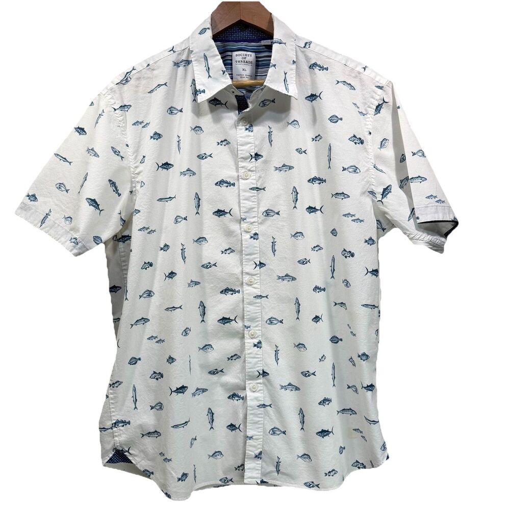 SOCIETY OF THREADS Mens Size XL All Over Fish Print Short Sleeve Button Up Shirt